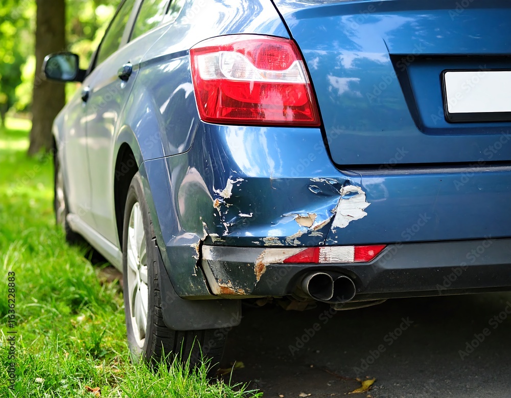 Damaged blue car rear bumper parked outdoors Damaged blue car rear bumper parked outdoors