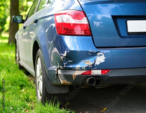 Damaged blue car rear bumper parked outdoors