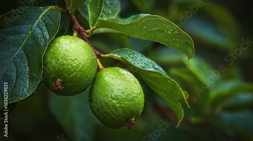 Wallpaper Mural Two unripe fruits, round and green, hang from a branch surrounded by leaves, showcasing nature's beauty and potential for growth. Torontodigital.ca