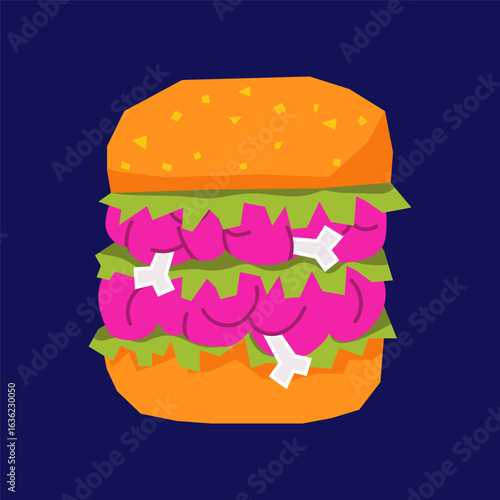 Creepy Halloween meal, Illustration of a Halloween zombie burger with pink brain patties, white bones, and green lettuce between buns. Isolated spooky sandwich on a dark background.