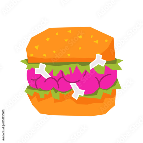 Creepy Halloween meal, Illustration of a Halloween Zombie brain burger with pink brain patties, white bones, and green lettuce between buns. Isolated spooky sandwich