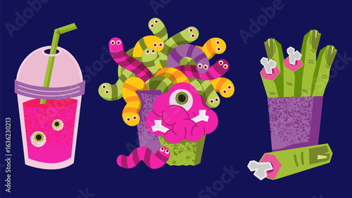 Halloween zombie food set including a pink drink with floating eyeballs, a box with a brain and worms, and a container of severed green fingers with bones. Spooky meal on a dark background.