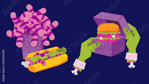 Creepy Halloween zombie food illustration with a brain burger in a box, striped worms overflowing from a container, and severed zombie fingers with worms in a snack tray. Horror menu.