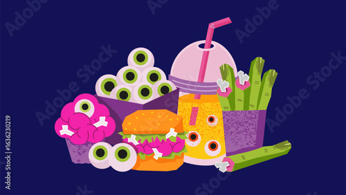 Halloween zombie combo meal featuring a brain burger with bones, a box of eyeballs, severed fingers styled as fries, and a creepy drink with floating eyes. Spooky food design on a dark background.