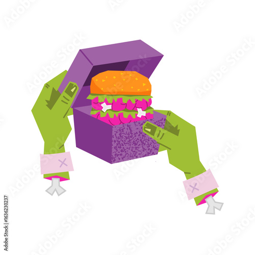 Zombie hands holding a purple delivery box with a hamburger stuffed with pink brains, bones, and lettuce. Halloween-themed zombie fast food on white background.