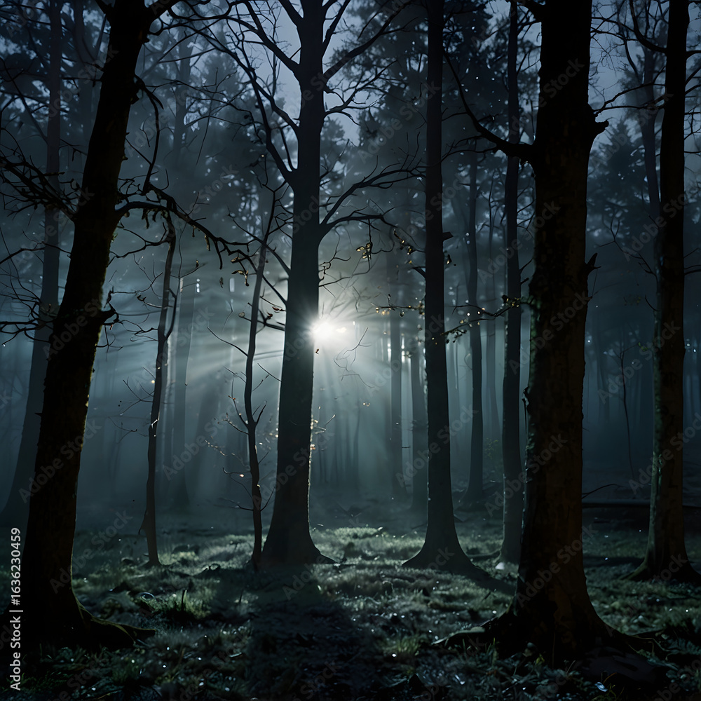 Fototapeta premium A moody forest scene at night, dominated by tall, dark trees and a heavy fog. A single, powerful beam of light from an unseen source cuts through the mist, creating dramatic rays of light and illumina