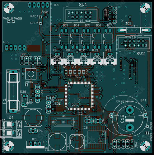 Vector printed circuit board of electronic 
device with components of radio elements, 
conductors and contact pads placed on pcb. 
Engineering technical drawing. Computer technic cad design.