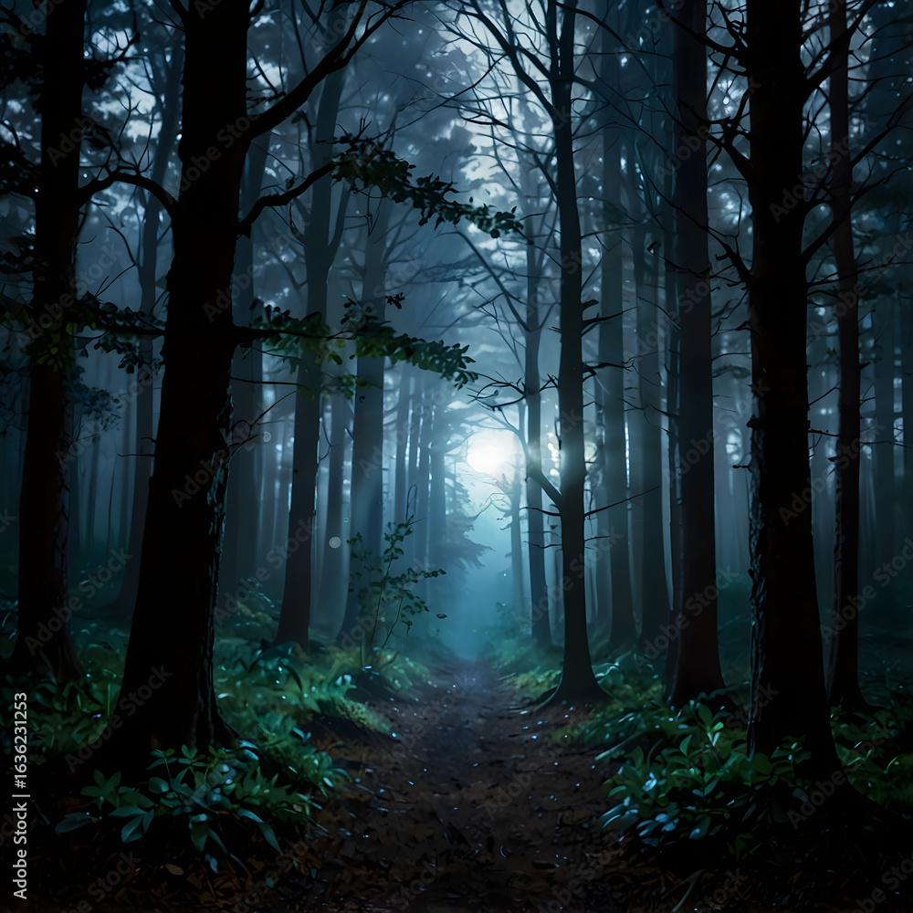 Fototapeta premium This image depicts a deep forest with a vibrant, ethereal glow coming from a source deep within the trees. A path, covered in moss or glowing foliage, leads the viewer into the woods. The surrounding 