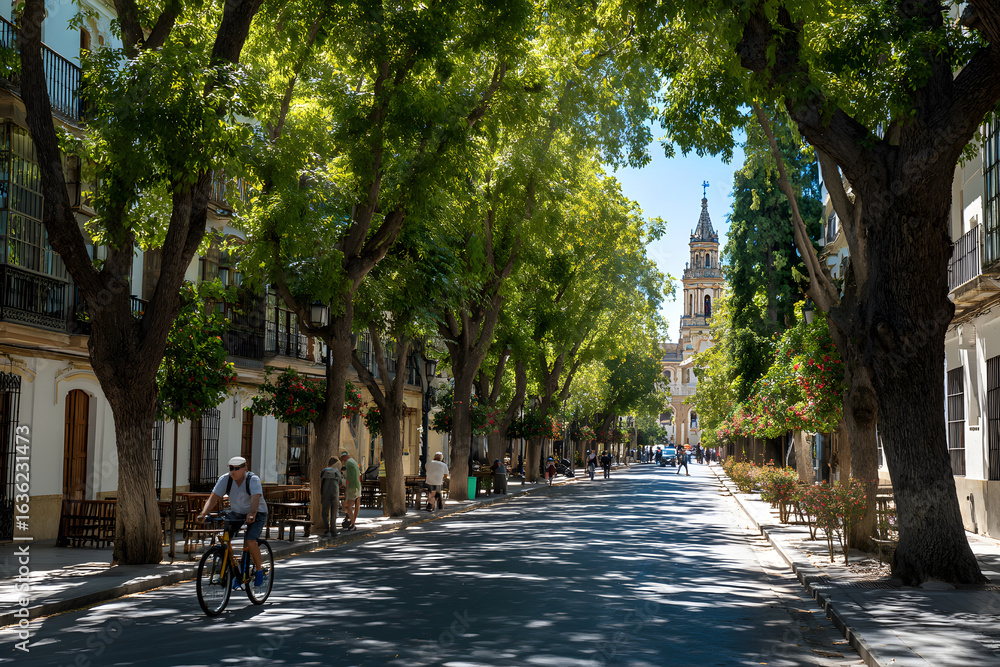 Naklejka premium Sevilla, España. 1 de julio de 2025. Las amplias calles arboladas cerca del centro histórico de Sevilla, España,