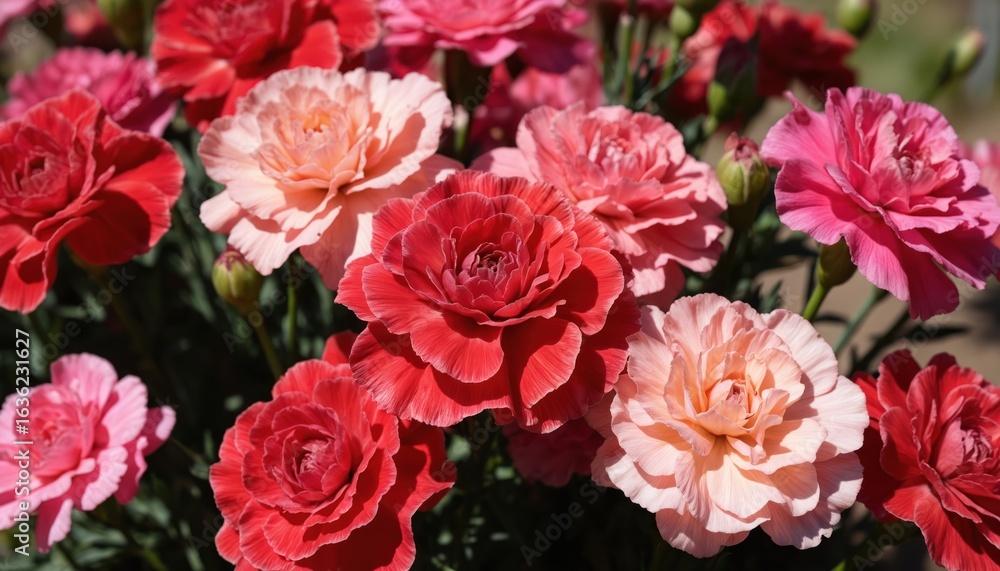 Closeup of red, pink carnation flowers. Beautiful blooming dianthus plants, ornamental blossoms in a garden flowerbed. Floral arrangement with buds. Mothers Day holiday, Valentine greeting background. Closeup of red, pink carnation flowers. Beautiful blooming dianthus plants, ornamental blossoms in a garden flowerbed. Floral arrangement with buds. Mothers Day holiday, Valentine greeting background.