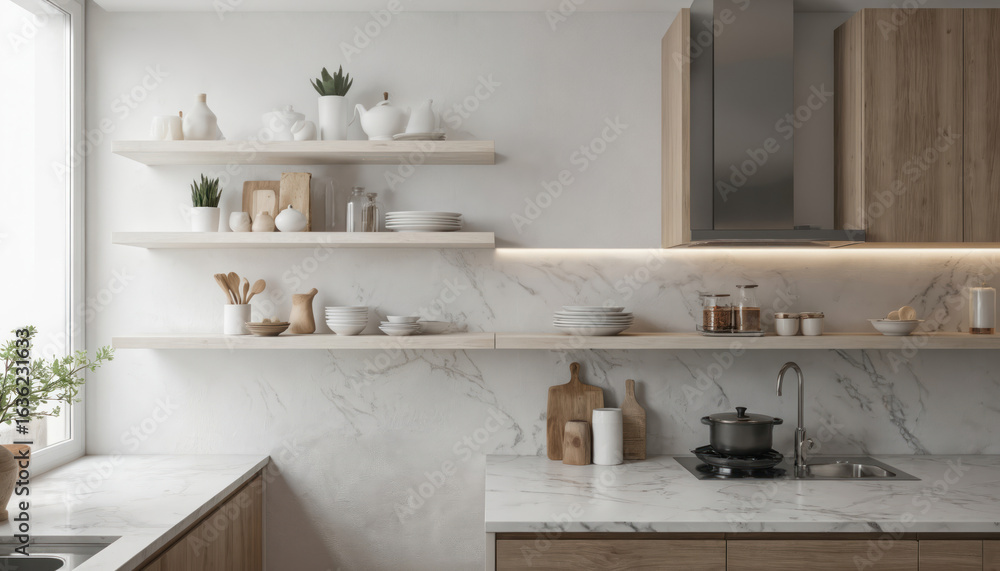 Minimalist kitchen interior with floating shelves, marble backsplash, wooden cabinets, marble countertop. Clean design. Cookware items, tableware, utensils, plants on shelves. Modern stylish light Minimalist kitchen interior with floating shelves, marble backsplash, wooden cabinets, marble countertop. Clean design. Cookware items, tableware, utensils, plants on shelves. Modern stylish light