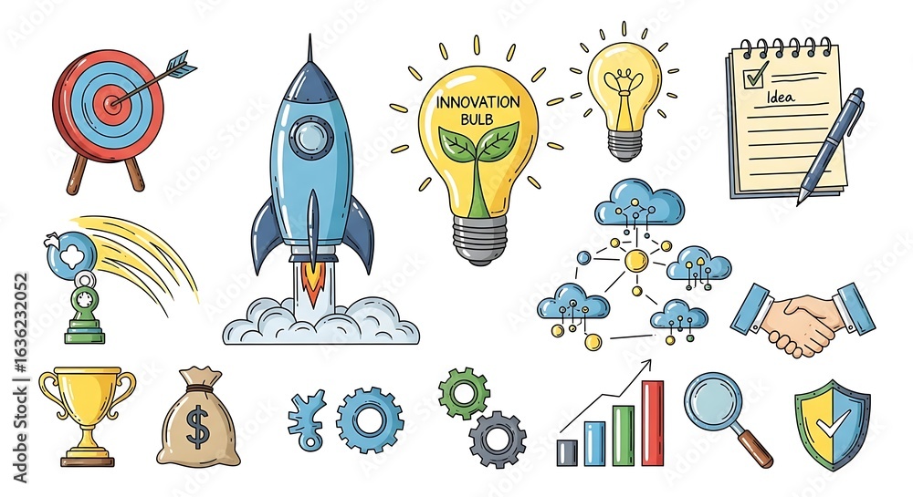 Naklejka premium Colorful Business Startup Icons: Rocket Launch, Innovation Bulb, and Growth Chart on White