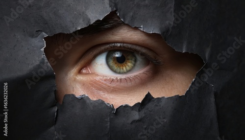 Close-up of human eye looking through torn paper. Metaphor for observation, surveillance, privacy violation. Mysterious gaze evokes suspense, secret and paranoia. Dark shadows hint unseen intentions.