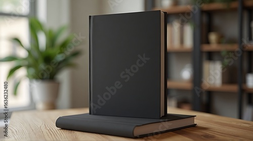 Wallpaper Mural Two black books stacked on a wooden table with a bookshelf and plant in the background indoors Torontodigital.ca