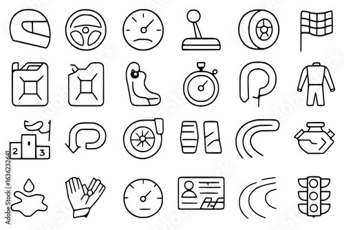 f1 Racing and Automotive Line Icon Set - Motor Sports Equipment Outline Symbols for UI Design, Web Apps, Mobile Interface Graphics, Car Racing Competition Icons