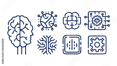 Ai neural network machine learning deep learning brain tech icons vector illustration design concept set of icons