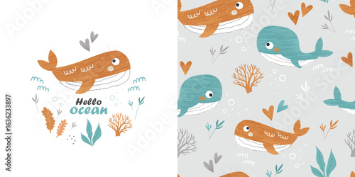 Children's set of poster and seamless pattern with cute whales. Perfect for kids bedding, fabric, wallpaper, wrapping paper, textile, t-shirt print.