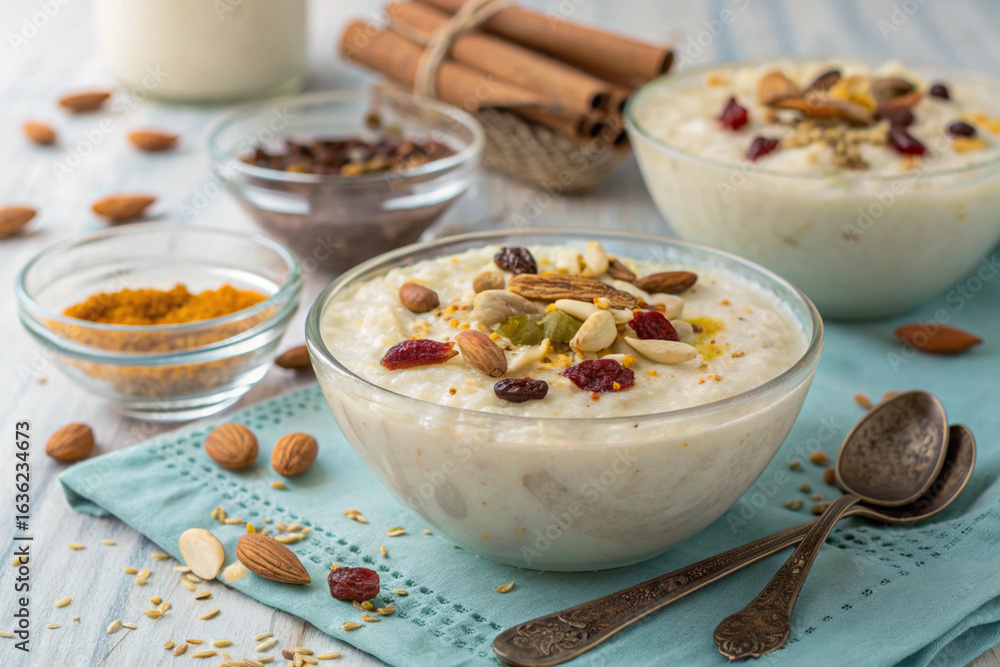 Traditional bangladeshi rice pudding, payesh, adorned with nuts and dried fruit against a see-through backdrop Traditional bangladeshi rice pudding, payesh, adorned with nuts and dried fruit against a see-through backdrop