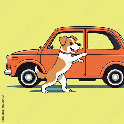 Happy Dog Ready for Car Ride, Retro Cartoon Style