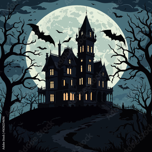 Haunted Victorian Mansion, Full Moon, Bats, Halloween