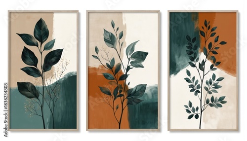 Abstract foliage plant art in three framed pieces. Botanical leaf illustration on canvas print. Decorative nature set with green, gold, blue colors. Contemporary artwork for wall decor. Wooden framed