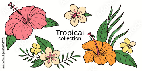 Seamless floral pattern vector illustration with hibiscus flowers, leaves, and spring blossoms