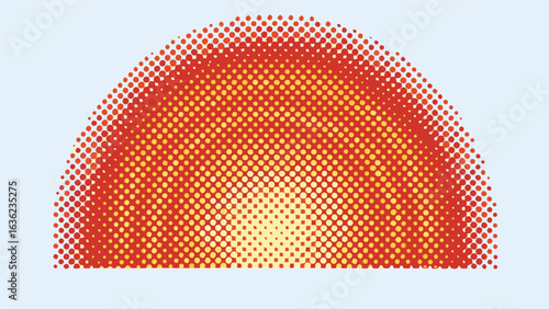 Halftone semicircle gradient with red and yellow dots on a light blue background design element