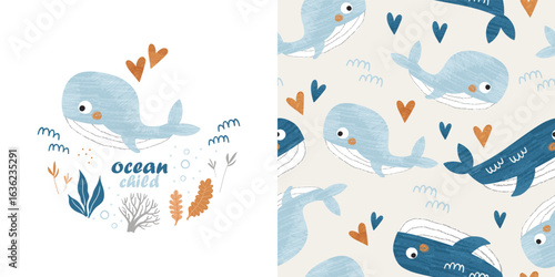 Children's set of poster and seamless pattern with cute whales. Perfect for kids bedding, fabric, wallpaper, wrapping paper, textile, t-shirt print.