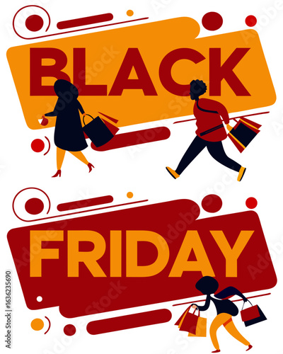 Set of 2 Black Friday Banners – Red and Black Abstract Shapes with Text – Flat Vector