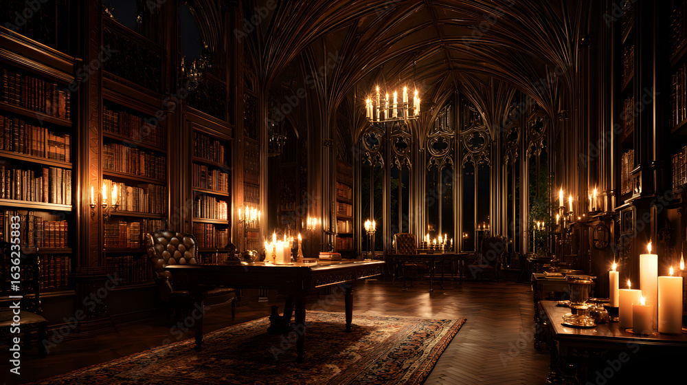 Fototapeta premium Dark Gothic Library Interior with Candlelight