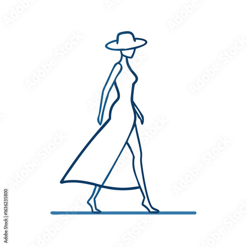 Elegant female model walking on the catwalk in designer dress and hat, perfect for fashion industry and events