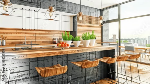 Modern kitchen with white marble wall panels and island bar, an interior design concept. Design plan mockup in white and color of luxury house