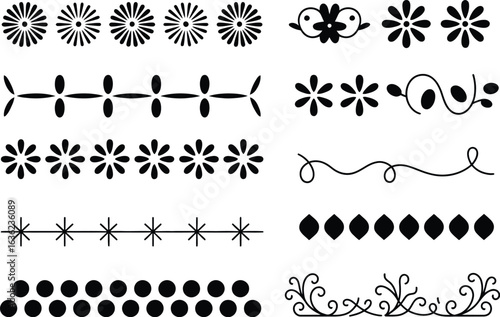 A collection of decorative black and white floral and geometric borders