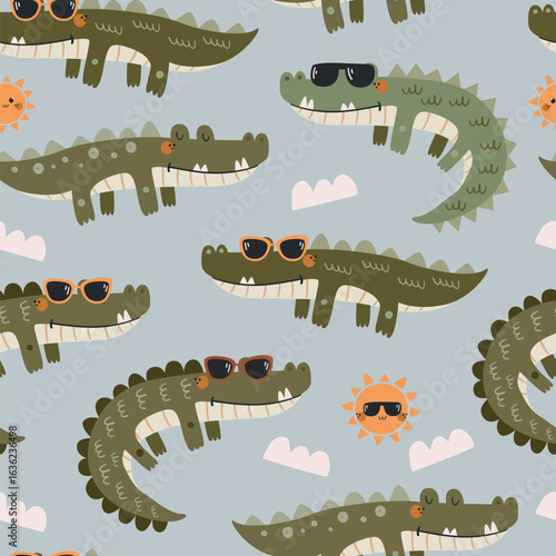 Vector seamless pattern with sunny crocodiles.