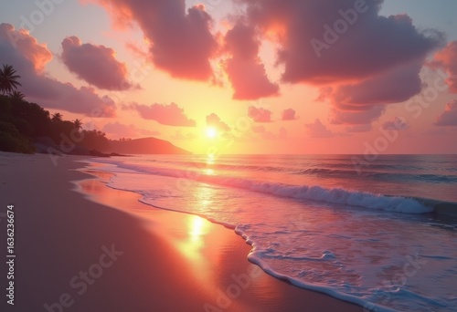 serene beachfront sunset waterscape capturing golden hour reflections tranquil waves vibrant skies, sea, ocean, sky, clouds, sand, shore, horizon, light