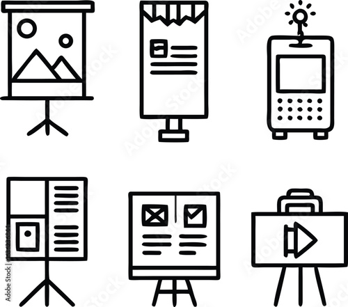 Modern black and white line art icons set for presentations media advertising technology and communication projects