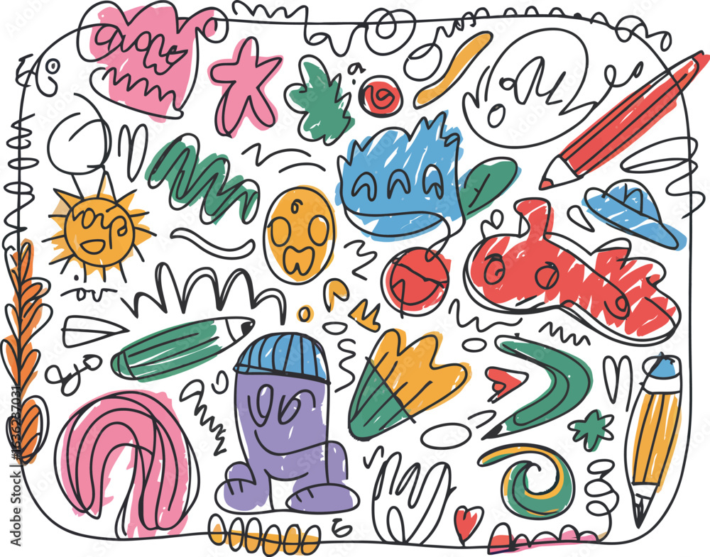 Fototapeta premium Hand drawn seamless vector pattern illustration of a set of cartoon animal and fruit designs