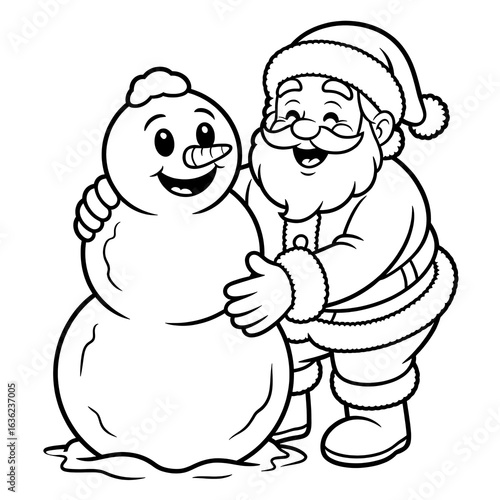 Delightful Christmas Scene Santa Claus Hugging a Snowman Black and White Cartoon Illustration