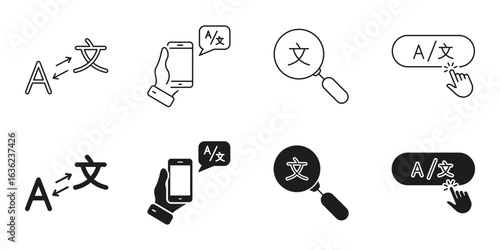Language Translation And Communication Line And Solid Icon Set. Multilingual Text Conversion And Interpretation Symbol Collection. Mobile And Digital Language Tools. Isolated Vector Illustration