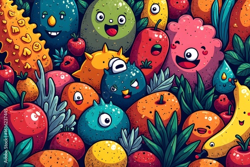 pop art freak Graffiti and cartoon abstract characters composition animals and fruits flat bright color concept illustration