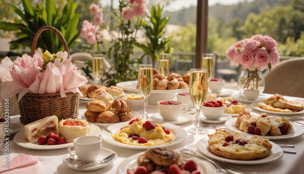 Luxury restaurant table with romantic Valentine brunch. Champagne glasses, pastries, omelets, various desserts with berries, flowers. Festive buffet celebration with healthy fresh light food at Luxury restaurant table with romantic Valentine brunch. Champagne glasses, pastries, omelets, various desserts with berries, flowers. Festive buffet celebration with healthy fresh light food at