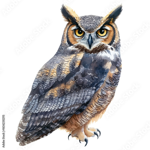 watercolor of Great Horned Owl, vector, isolated on a white background.