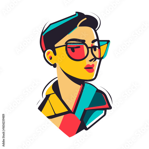 A colorful flat vector illustration of a woman with short hair and sunglasses, looking to the side. This image is suitable for websites and blogs about fashion, style, user profiles, or social media.
