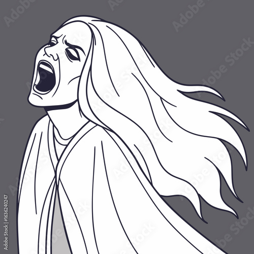 Woman screaming in distress with flowing hair