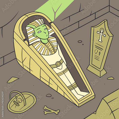 Green mummy in sarcophagus in egyptian tomb with hieroglyphs