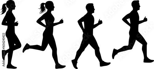 silhouettes of people running, black and white, full body, several figures, dynamic poses, fitness concept, vector art