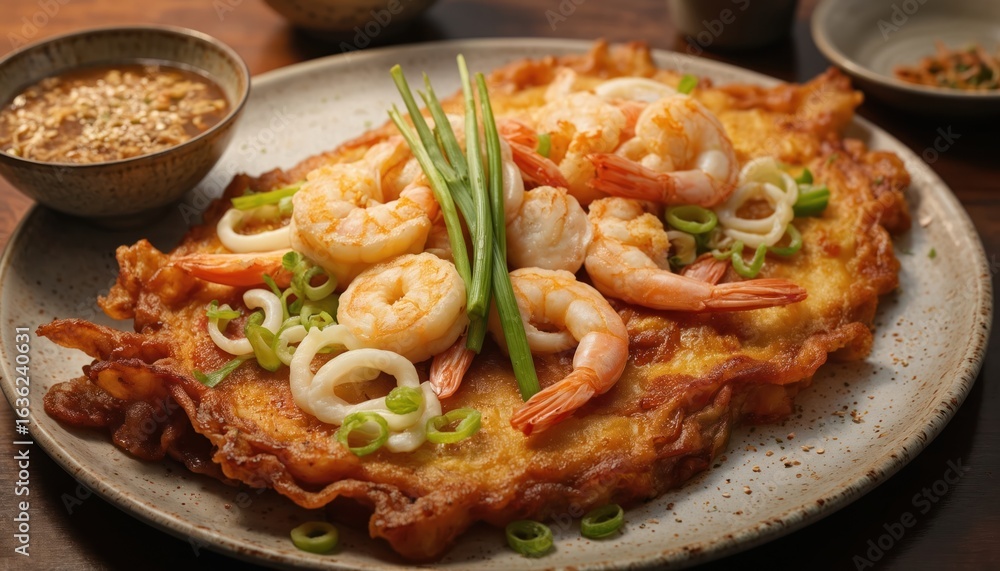 Flavorful Korean seafood pancake Haemul Pajeon with shrimp, squid, and scallions. Served golden brown crispy on ceramic plate with tasty savory dipping sauce, exquisite Asian culinary dish. Flavorful Korean seafood pancake Haemul Pajeon with shrimp, squid, and scallions. Served golden brown crispy on ceramic plate with tasty savory dipping sauce, exquisite Asian culinary dish.