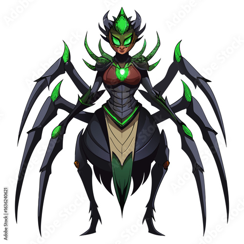 Fierce female spider warrior with green accents