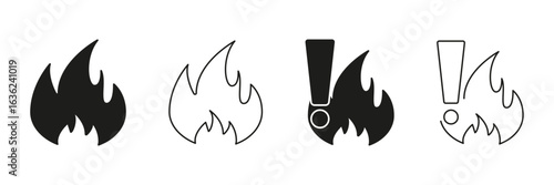Fire And Exclamation Mark Line And Solid Icon Set. Warning And Alert Symbol Collection. Fire Hazard And Cautionary Signage. Safety And Risk Notification. Isolated Vector Illustration