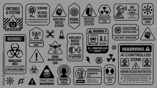 Set of monochrome futuristic warning signs and technical labels combining brutalism and cyber label aesthetics with y2k influences, featuring hazard symbols, glitch and dystopian interface